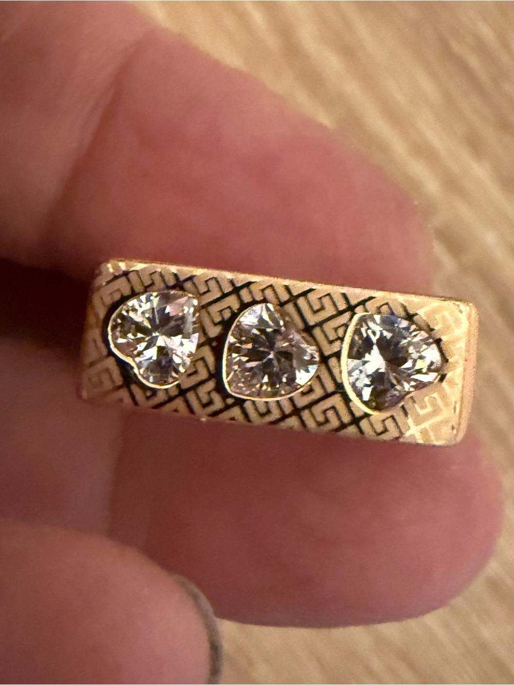 Gold Tone Heart-Cut Crystal Wide Band Ring